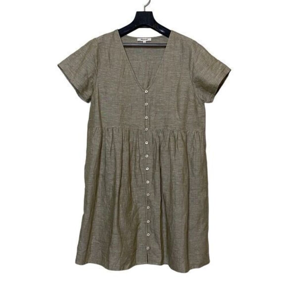 Madewell Linen Blend‎ Button Front Alexandra Dress Womens Medium Khaki Pockets